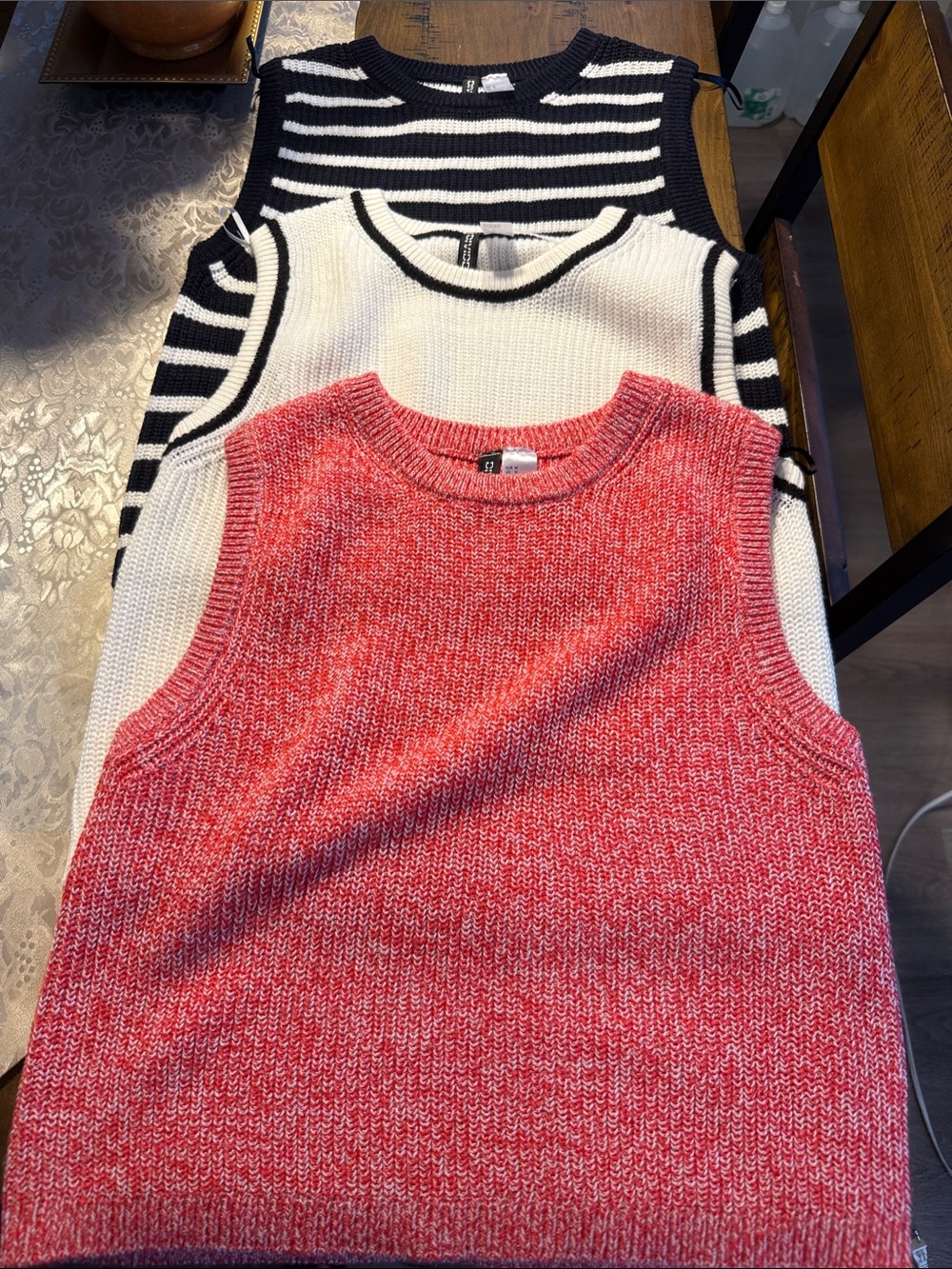 H&M Divided Knit Vest Trio - Red/White, Cream/BlackBlack, Navy/White Stripe